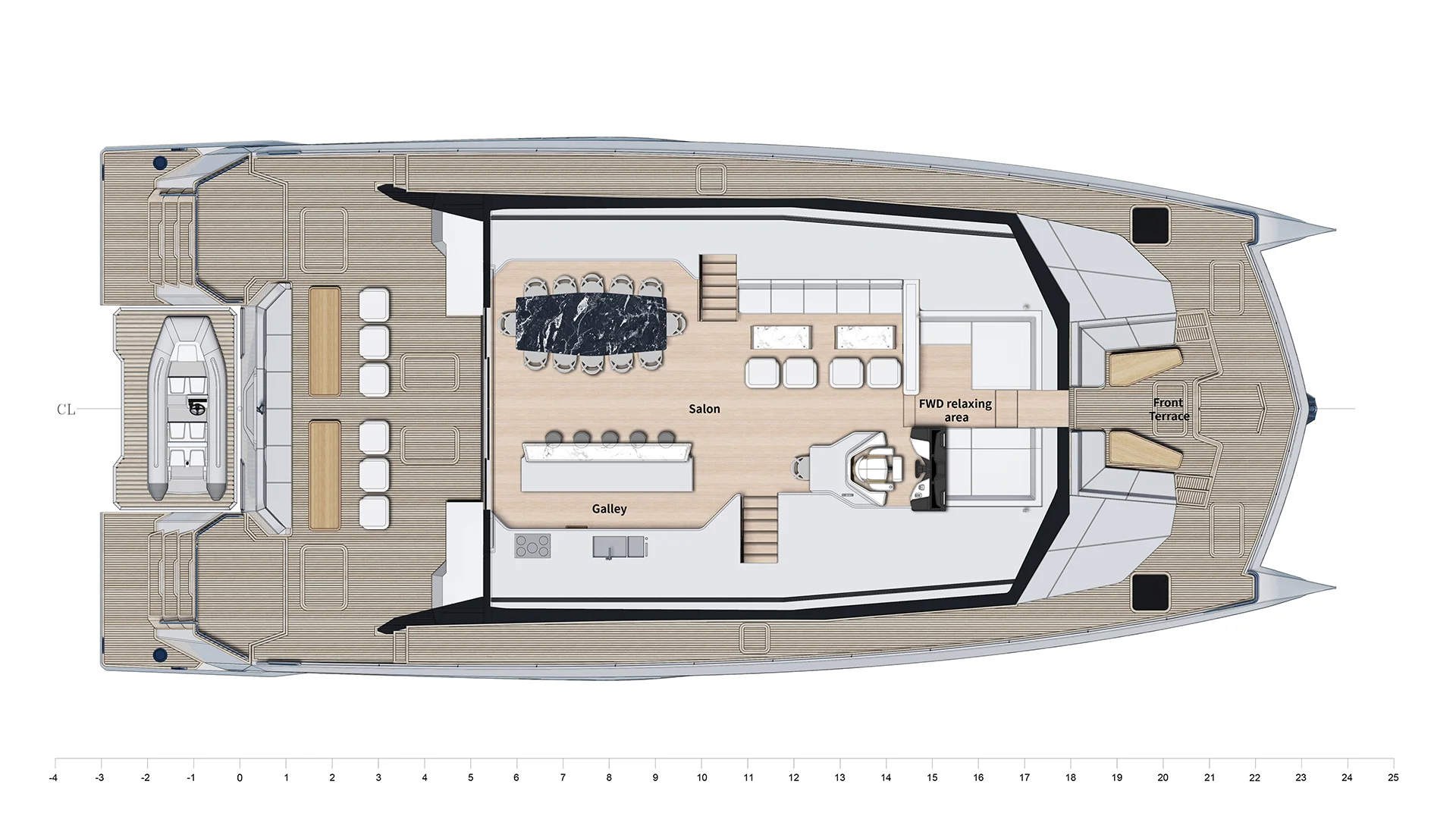 Top and interior layout floor plans of a luxury carbon-fiber power catamaran viewed from above