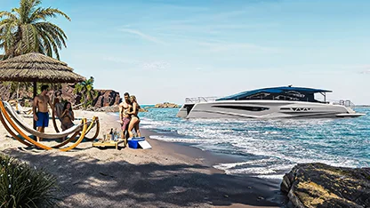 LANIAKEA power catamaran accessing shallow beach waters with ultra-shallow draft